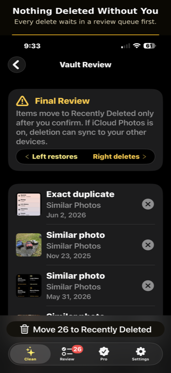 Lumavault review queue confirming deletions before anything is removed
